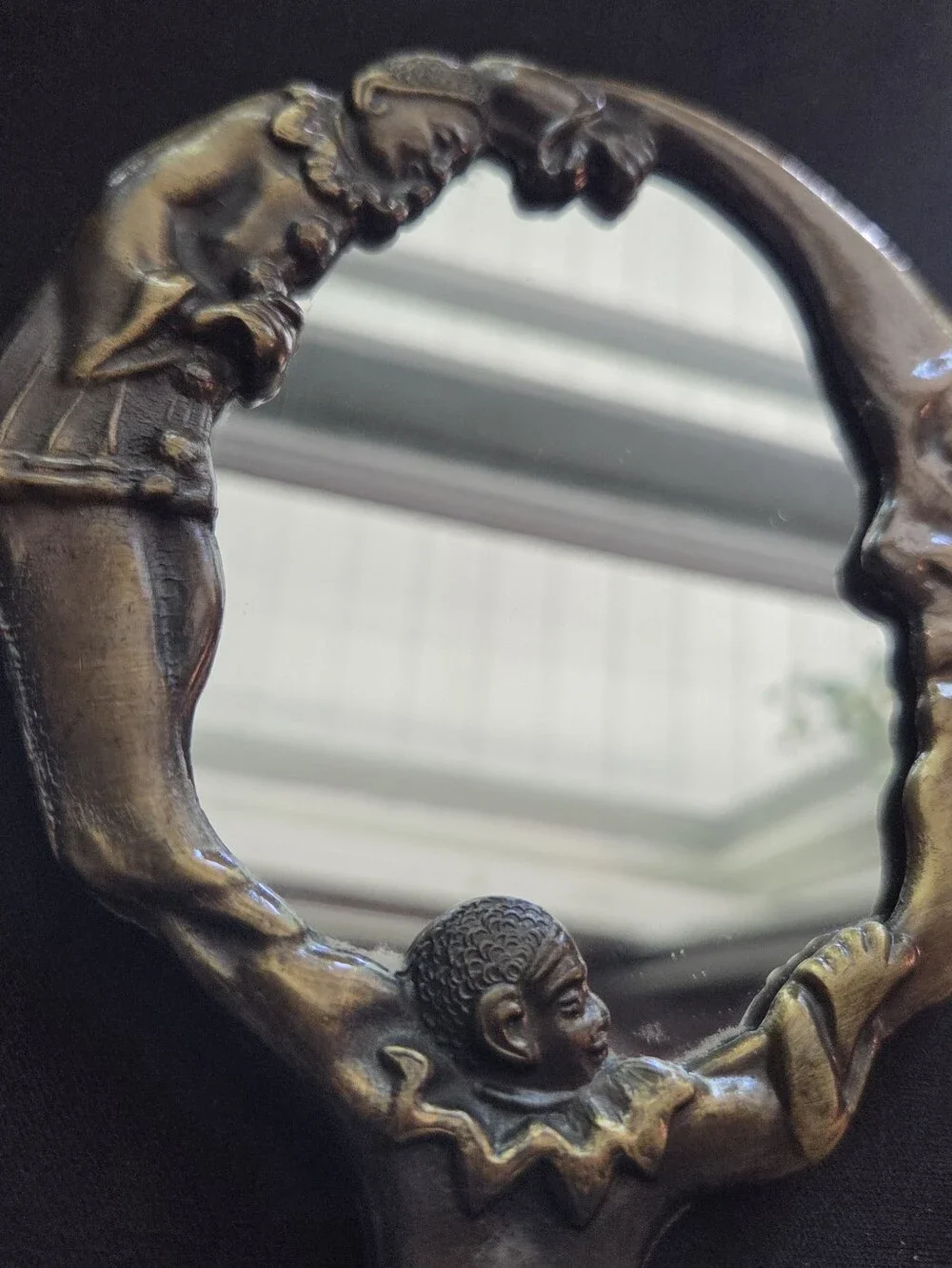 Vintage Art Nouveau Bronze Pierrot Clown Hand Mirror